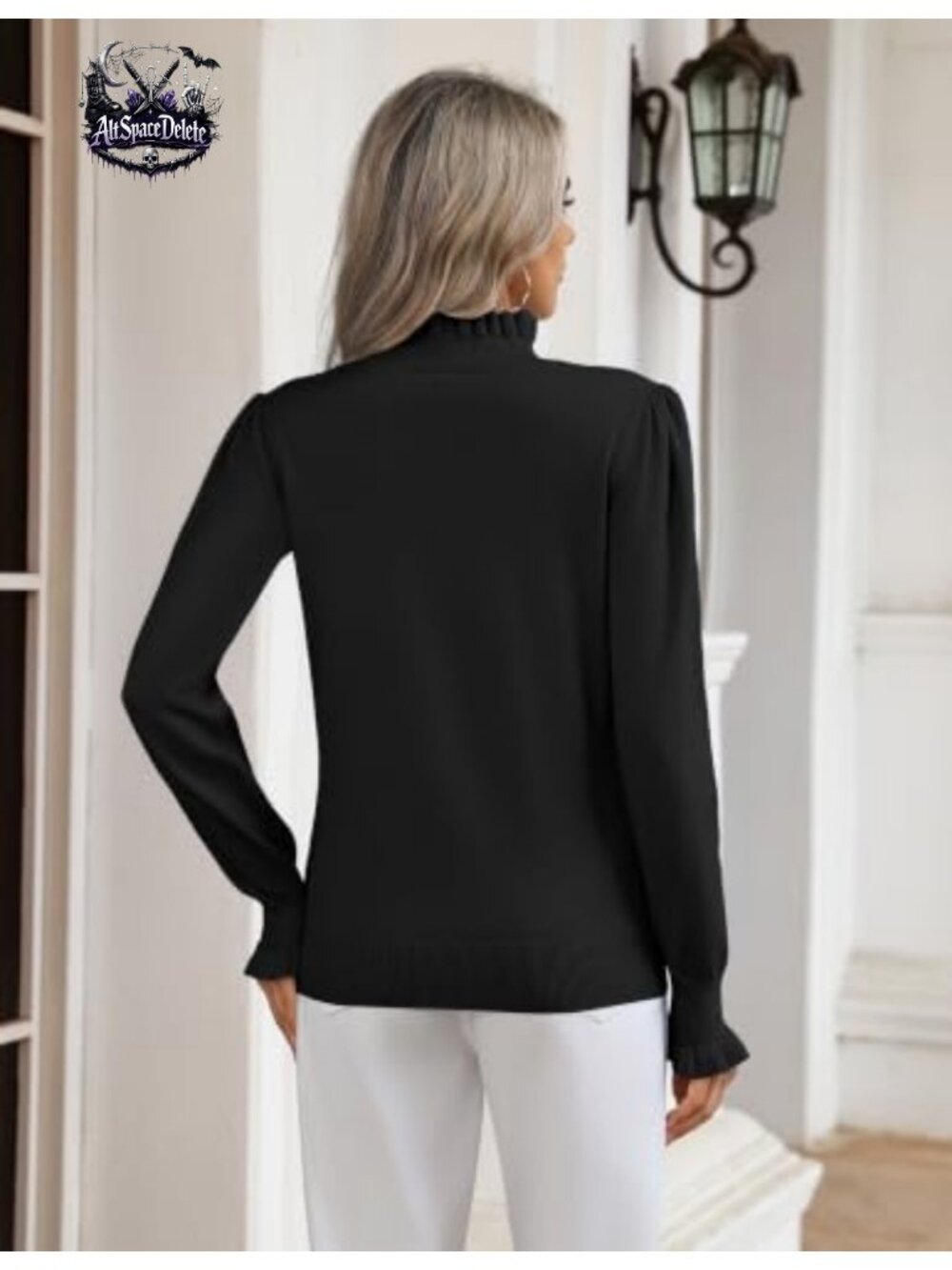 Womens Ruffled Mock Neck Turtleneck Sweater Flared Cuffs Long Sleeve Knit Top - Picture 3 of 3